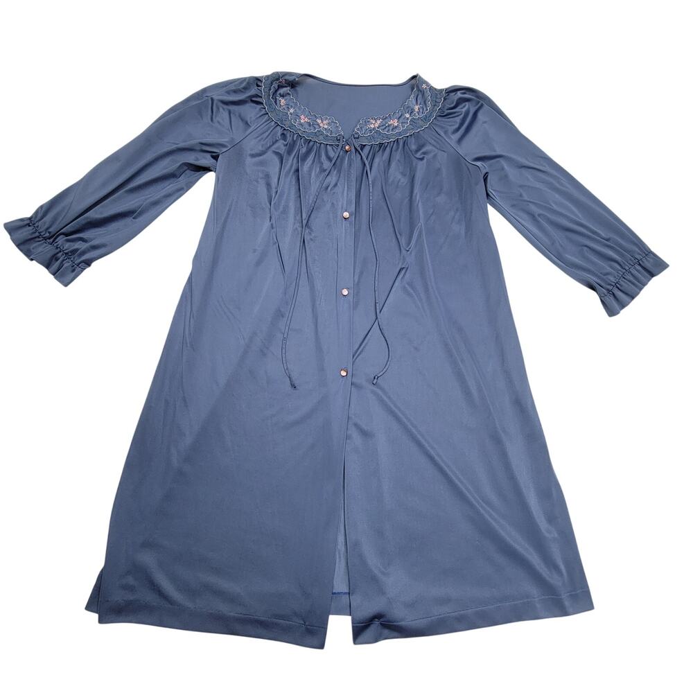 Vintage Lorraine Blue Nylon Nightgown Robe Lace Floral Embroidery Womens Large